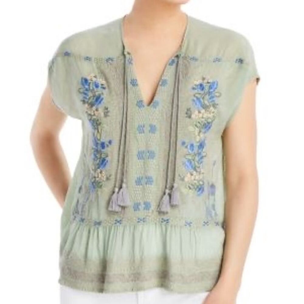 Johnny Was Noah Blouse Embroidered Cupra Rayon Sage Green Large